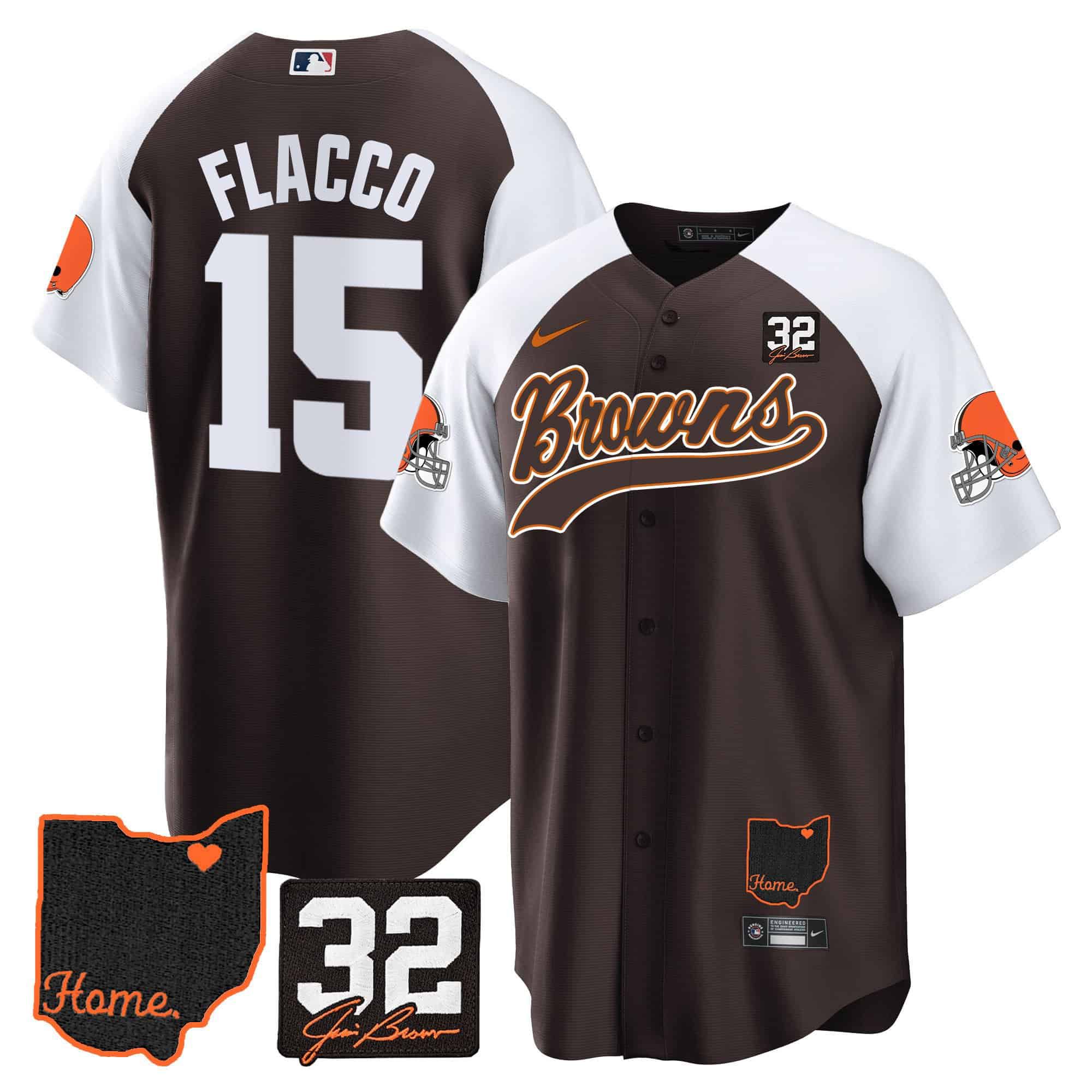 Men Cleveland Browns 15 Flacco Brown Memorial Home Patch Baseball 2024 Nike NFL Jersey